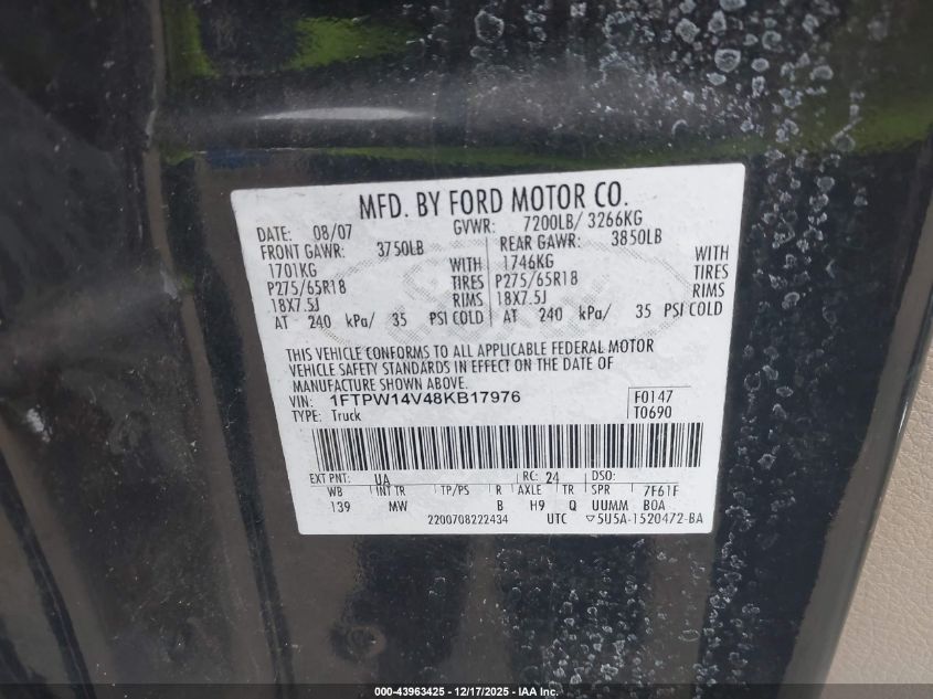 2008 Ford F-150 60Th Anniversary/Fx4/King Ranch/Lariat/Xlt VIN: 1FTPW14V48KB17976 Lot: 43963425