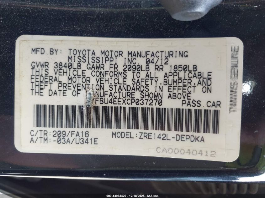 2012 Toyota Corolla L VIN: 5YFBU4EEXCP037270 Lot: 43963429