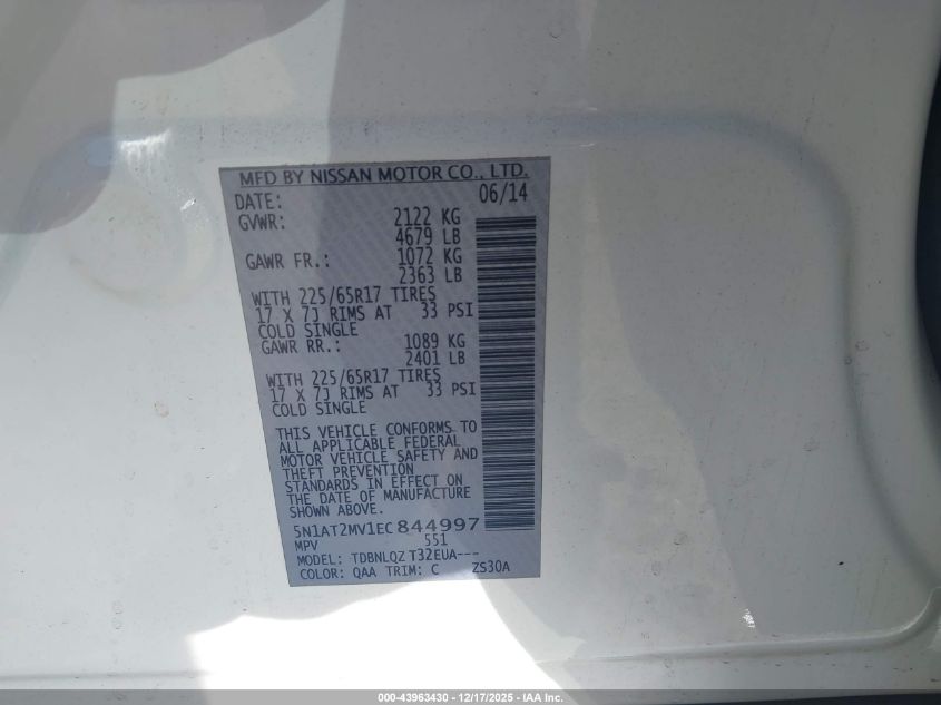 2014 Nissan Rogue Sv VIN: 5N1AT2MV1EC844997 Lot: 43963430