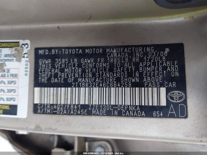 2006 Toyota Corolla Le VIN: 2T1BR32E46C664258 Lot: 43963431