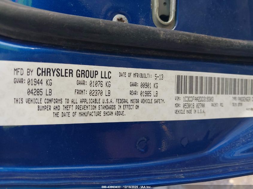 2013 Dodge Dart Se VIN: 1C3CDFAA2DD319303 Lot: 43963433