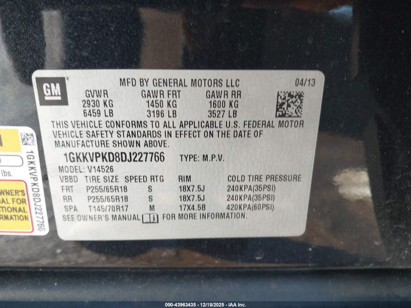 2013 GMC Acadia Sle-2 VIN: 1GKKVPKD8DJ227766 Lot: 43963435