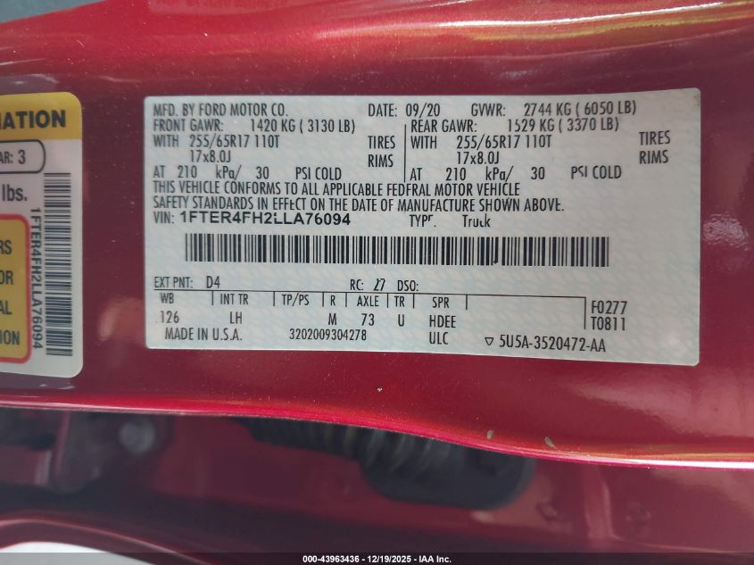 2020 Ford Ranger Xlt VIN: 1FTER4FH2LLA76094 Lot: 43963436