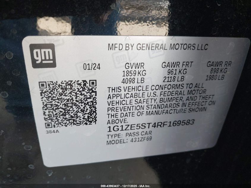 2024 Chevrolet Malibu Fwd 2Lt VIN: 1G1ZE5ST4RF169583 Lot: 43963437