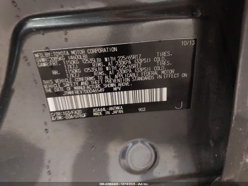 2013 Toyota Rav4 Xle VIN: JTMRFREV7DD046549 Lot: 43963438