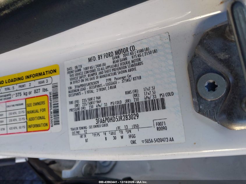 2018 Ford Fusion Se VIN: 3FA6P0HD5JR283029 Lot: 43963441