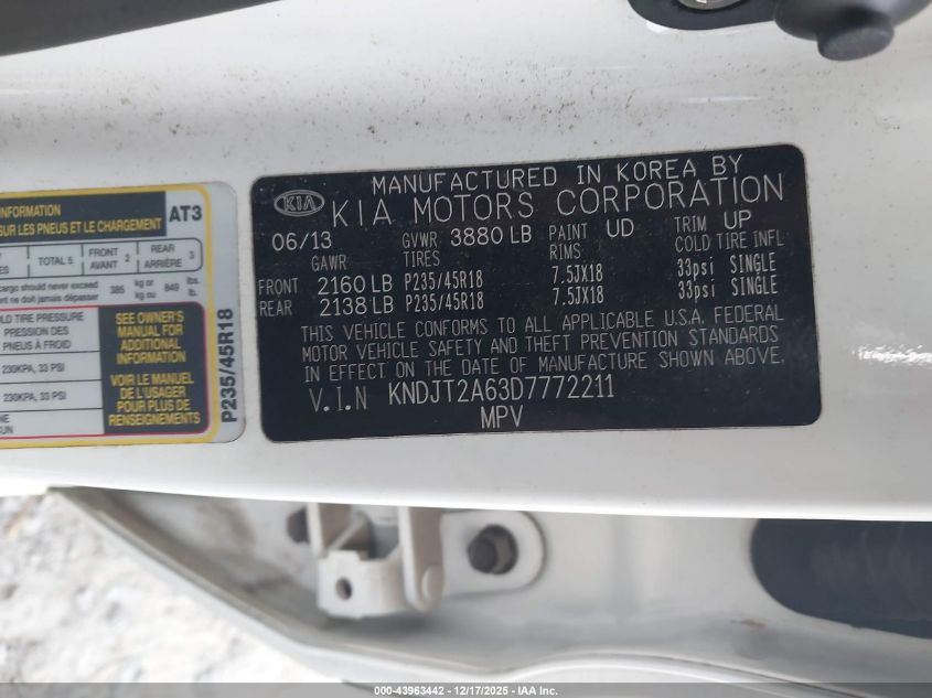 2013 Kia Soul ! VIN: KNDJT2A63D7772211 Lot: 43963442