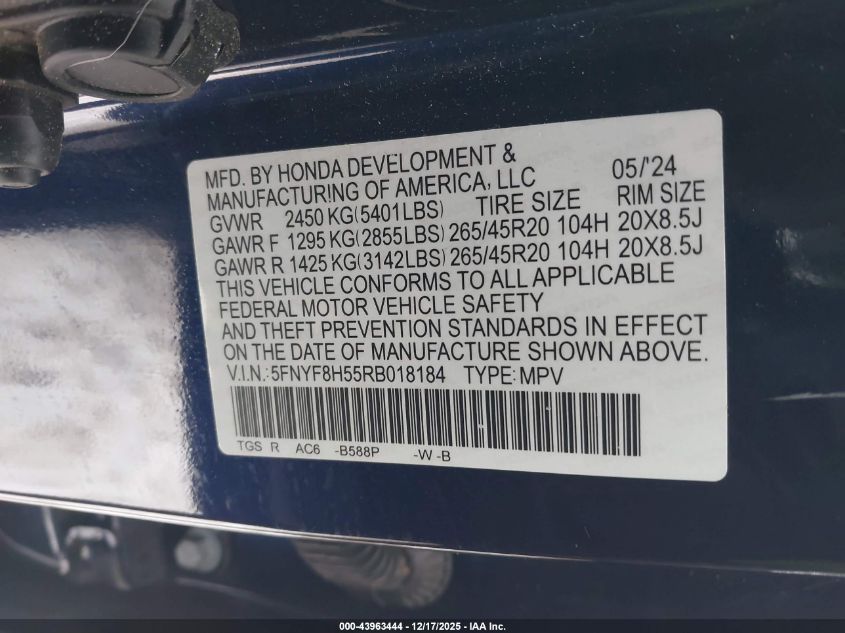 2024 Honda Passport Awd Ex-L VIN: 5FNYF8H55RB018184 Lot: 43963444