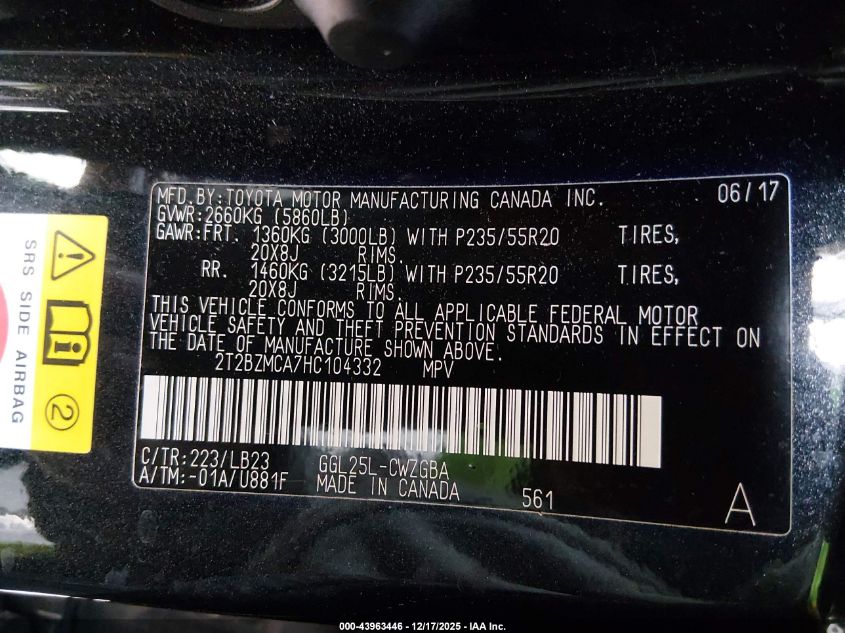 2017 Lexus Rx 350 VIN: 2T2BZMCA7HC104332 Lot: 43963446