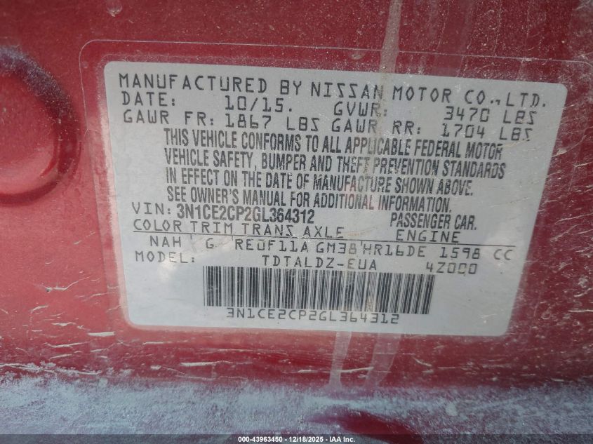 2016 Nissan Versa Note S (Sr)/S Plus/Sl/Sr/Sv VIN: 3N1CE2CP2GL364312 Lot: 43963450