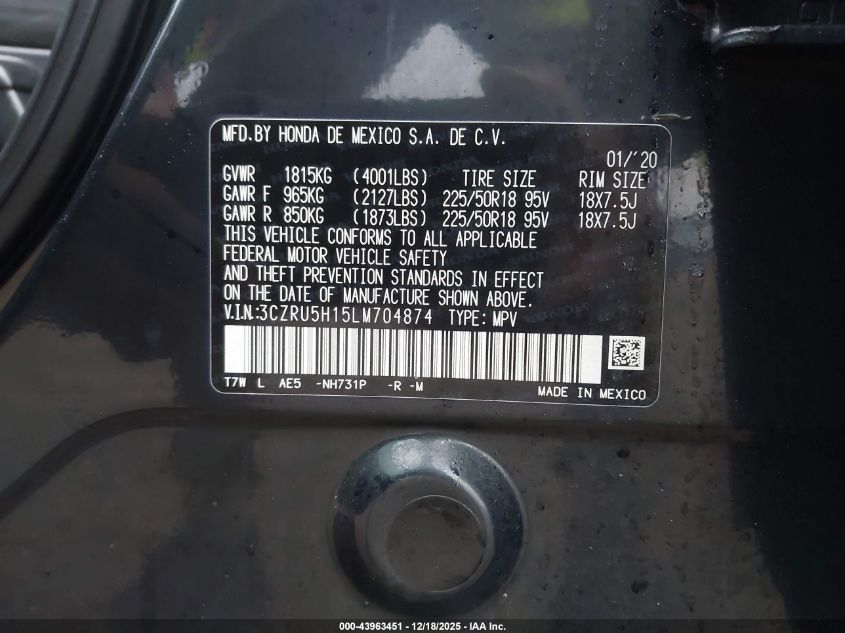 2020 Honda Hr-V 2Wd Sport VIN: 3CZRU5H15LM704874 Lot: 43963451