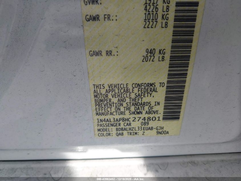 2017 Nissan Altima 2.5 Sr VIN: 1N4AL3AP8HC274801 Lot: 43963452