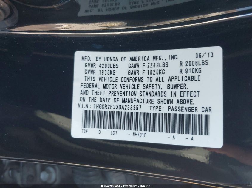 2013 Honda Accord Lx VIN: 1HGCR2F3XDA238357 Lot: 43963454