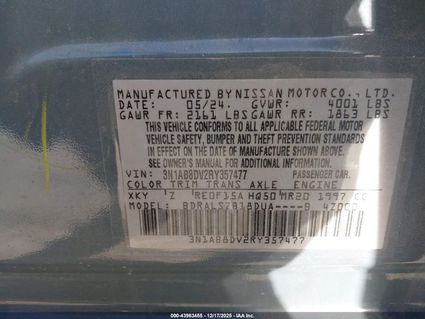 2024 Nissan Sentra Sr Xtronic Cvt VIN: 3N1AB8DV2RY357477 Lot: 43963455