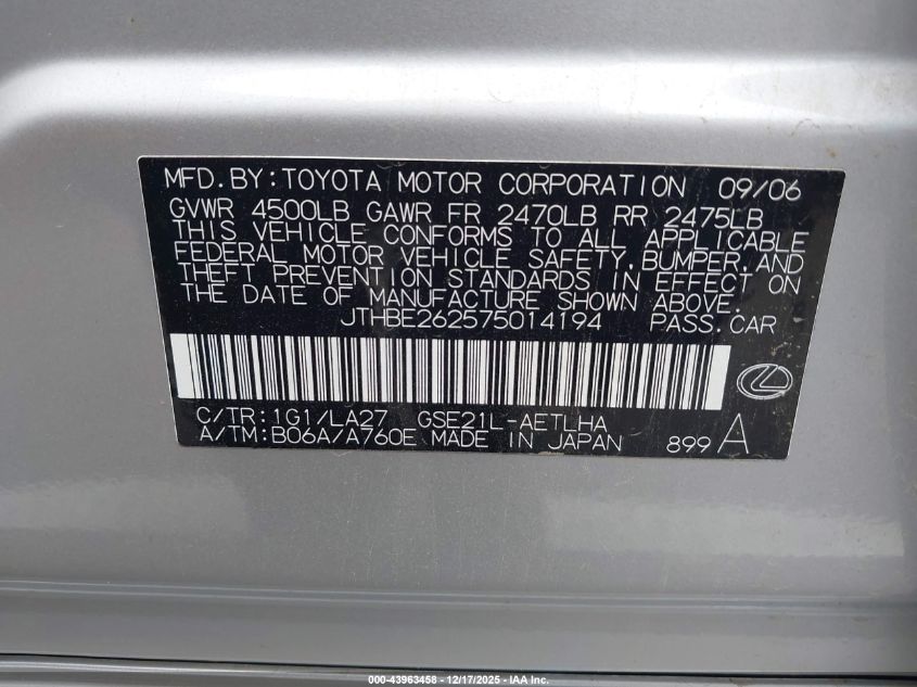 2007 Lexus Is 350 VIN: JTHBE262575014194 Lot: 43963458