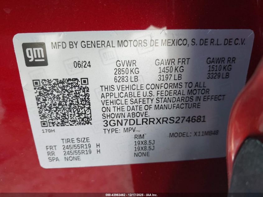 2024 Chevrolet Equinox Ev Lt VIN: 3GN7DLRRXRS274681 Lot: 43963462