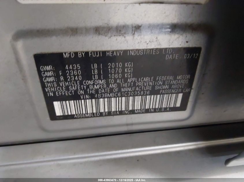 2012 Subaru Legacy 2.5I Premium VIN: 4S3BMBC61C3035836 Lot: 43963470