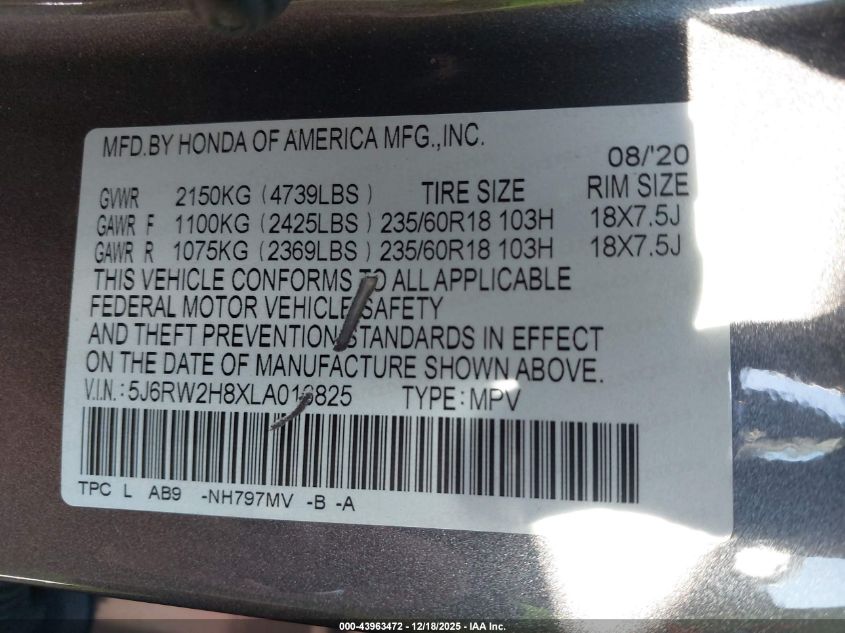 2020 Honda Cr-V Awd Ex-L VIN: 5J6RW2H8XLA016825 Lot: 43963472