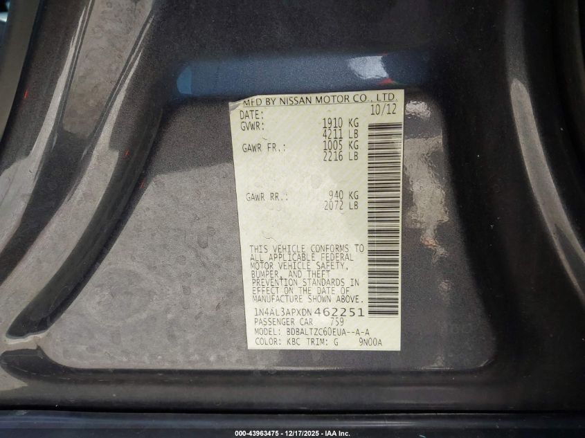 2013 Nissan Altima 2.5 Sv VIN: 1N4AL3APXDN462251 Lot: 43963475