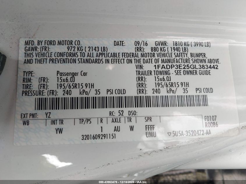 2016 Ford Focus S VIN: 1FADP3E25GL383442 Lot: 43963476