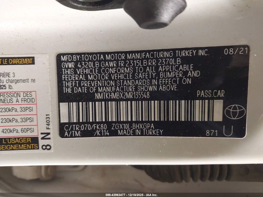 2021 Toyota C-Hr Xle VIN: NMTKHMBX2MR135548 Lot: 43963477