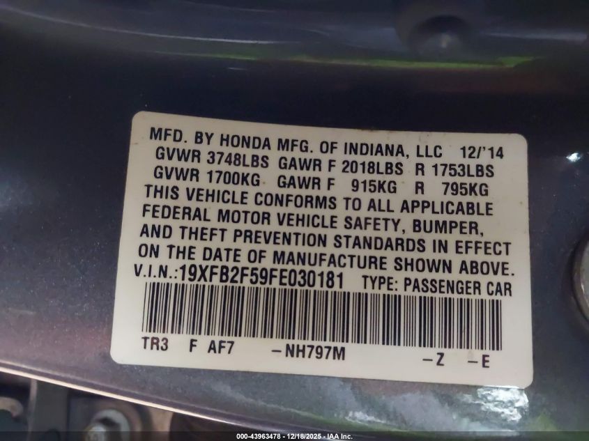 2015 Honda Civic Lx VIN: 19XFB2F59FE030181 Lot: 43963478
