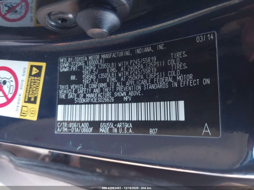 2014 Toyota Highlander Limited Platinum V6 VIN: 5TDDKRFH3ES026626 Lot: 43963482