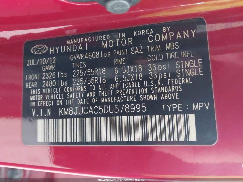 2013 Hyundai Tucson Limited VIN: KM8JUCAC5DU578995 Lot: 43963481