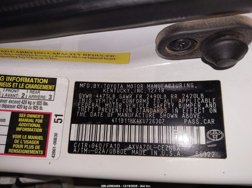 2019 Toyota Camry Le VIN: 4T1B11HK4KU726307 Lot: 43963484