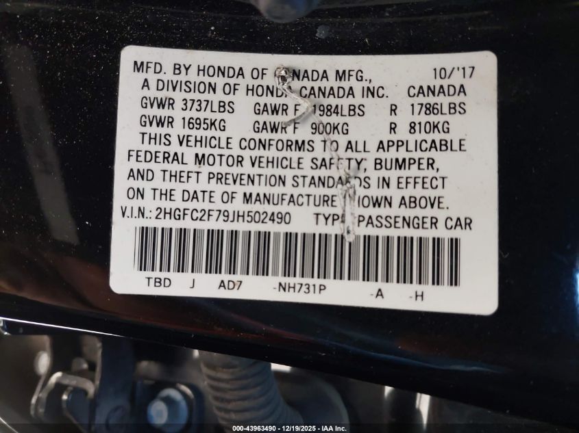2018 Honda Civic Ex VIN: 2HGFC2F79JH502490 Lot: 43963490