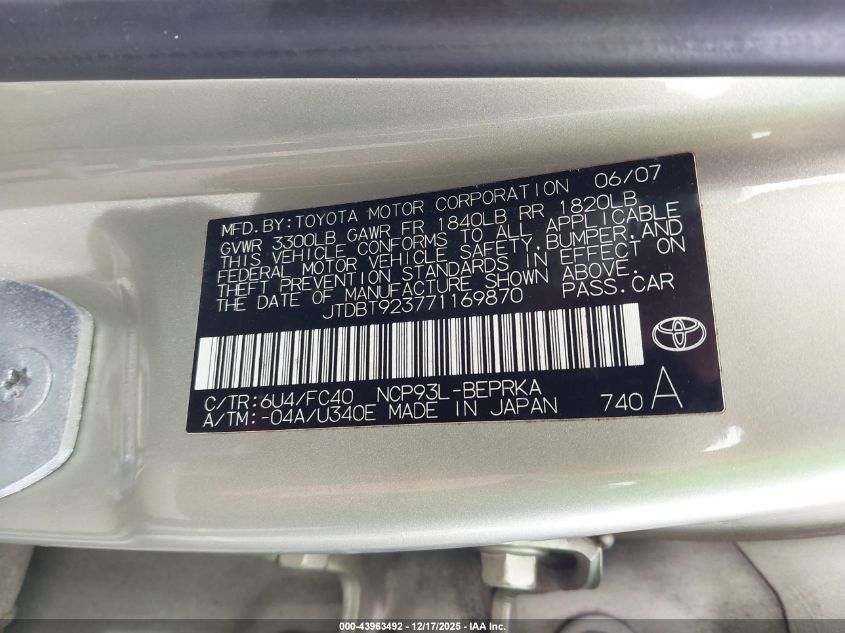 2007 Toyota Yaris VIN: JTDBT923771169870 Lot: 43963492