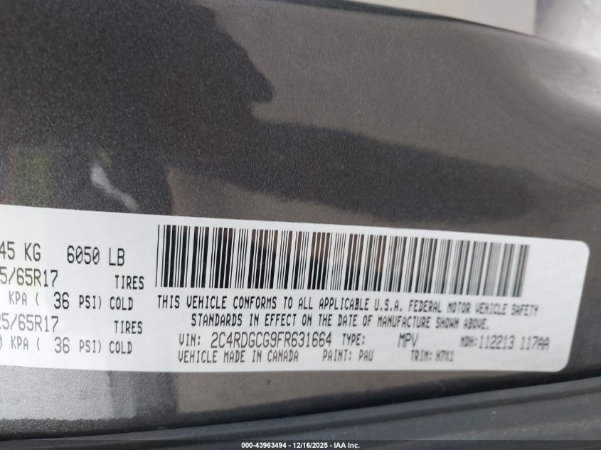 2015 Dodge Grand Caravan Sxt VIN: 2C4RDGCG9FR631664 Lot: 43963494