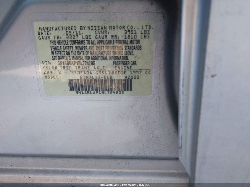 2011 Nissan Sentra 2.0Sr VIN: 3N1AB6AP1BL724205 Lot: 43963495