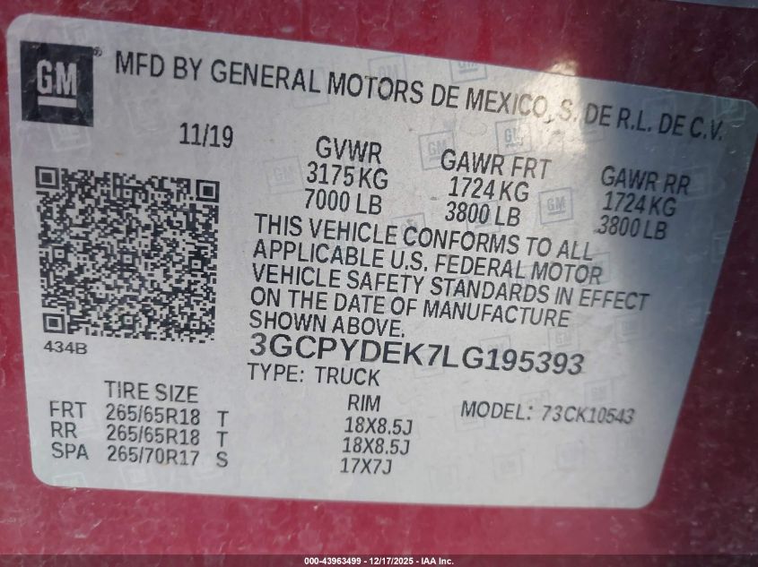 2020 Chevrolet Silverado 1500 4Wd Short Bed Lt VIN: 3GCPYDEK7LG195393 Lot: 43963499