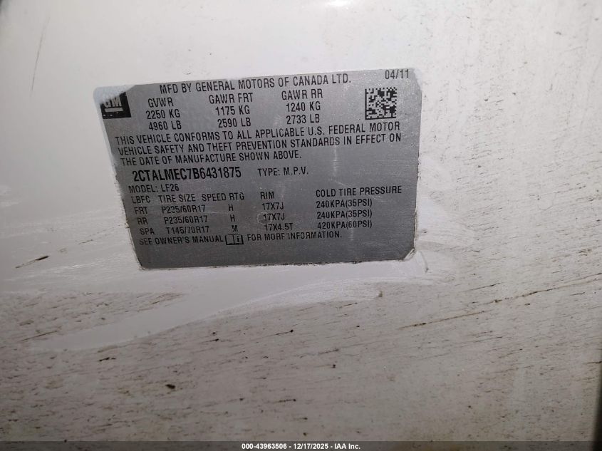 2011 GMC Terrain Sle-1 VIN: 2CTALMEC7B6431875 Lot: 43963506