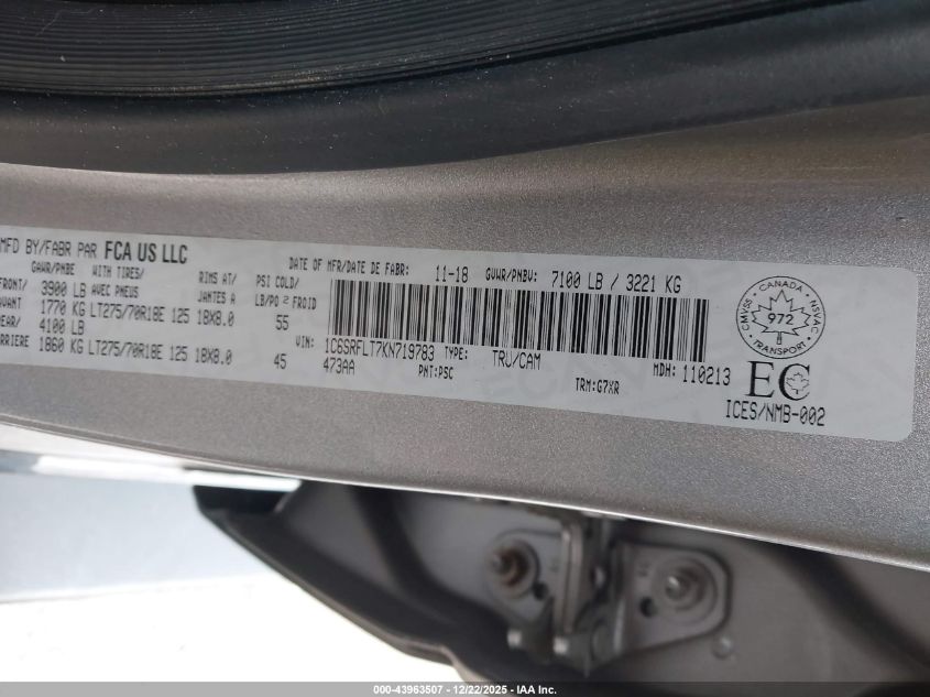 2019 Ram 1500 Rebel VIN: 1C6SRFLT7KN719783 Lot: 43963507