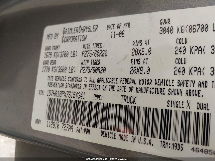 2007 Dodge Ram 1500 Slt VIN: 1D7HA18PX7S154341 Lot: 43963508