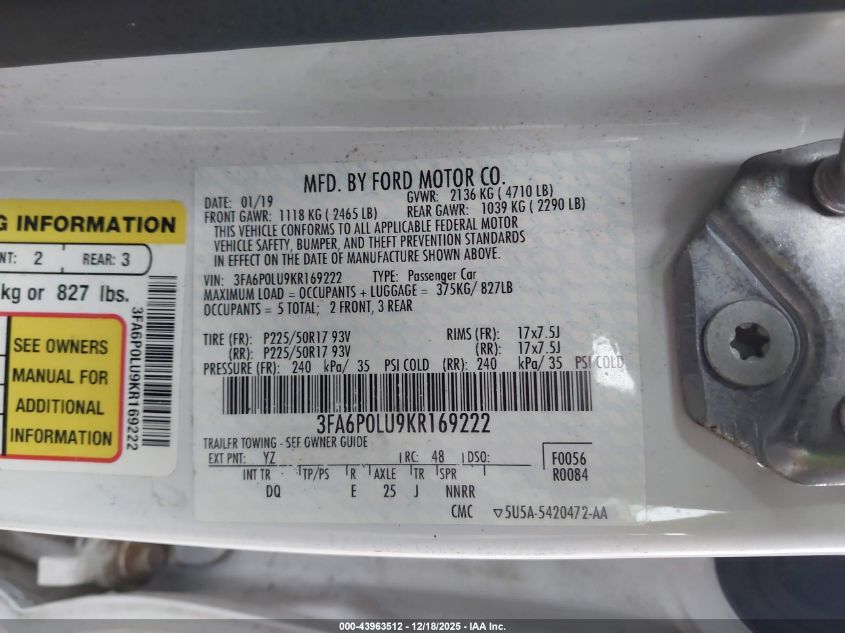 2019 Ford Fusion Hybrid Se VIN: 3FA6P0LU9KR169222 Lot: 43963512