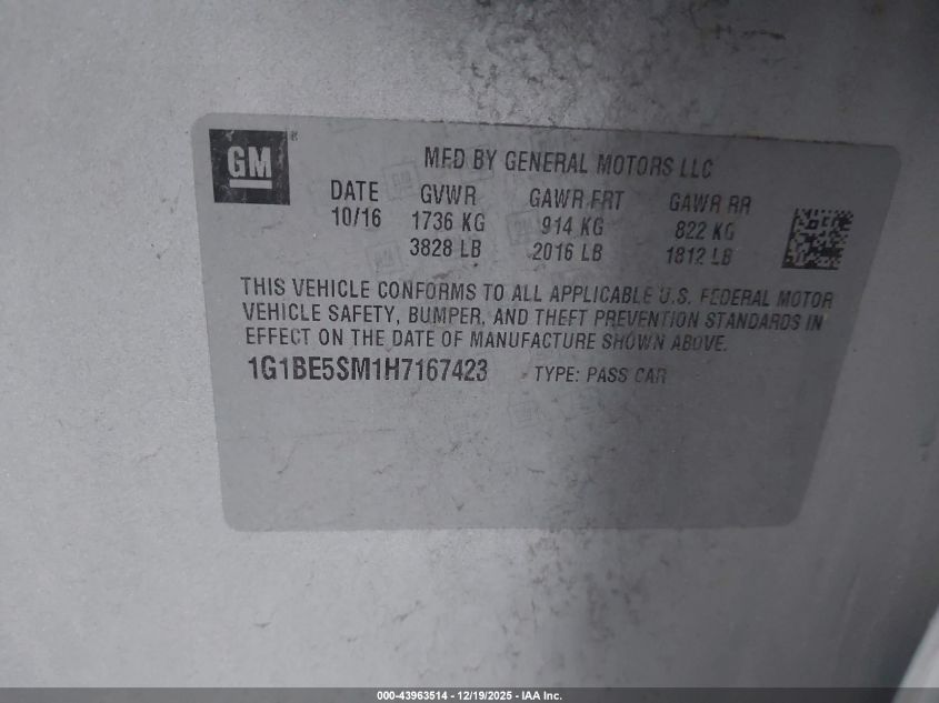2017 Chevrolet Cruze Lt Auto VIN: 1G1BE5SM1H7167423 Lot: 43963514