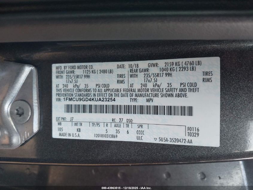 2019 Ford Escape Se VIN: 1FMCU9GD4KUA23254 Lot: 43963515