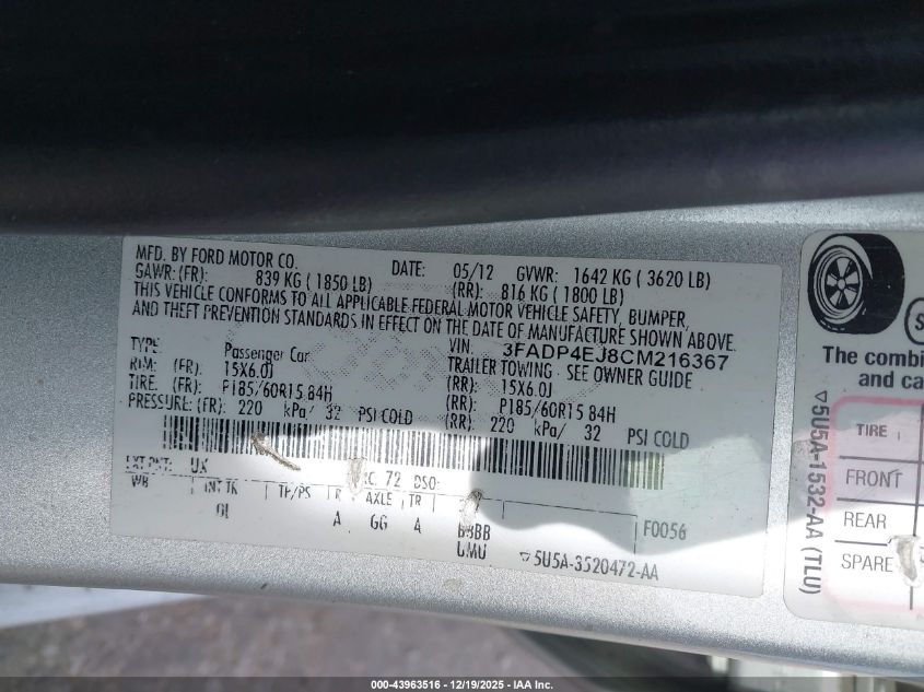 2012 Ford Fiesta Se VIN: 3FADP4EJ8CM216367 Lot: 43963516