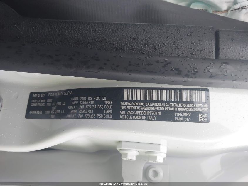 2017 Jeep Renegade Limited 4X4 VIN: ZACCJBDB6HPF76876 Lot: 43963517