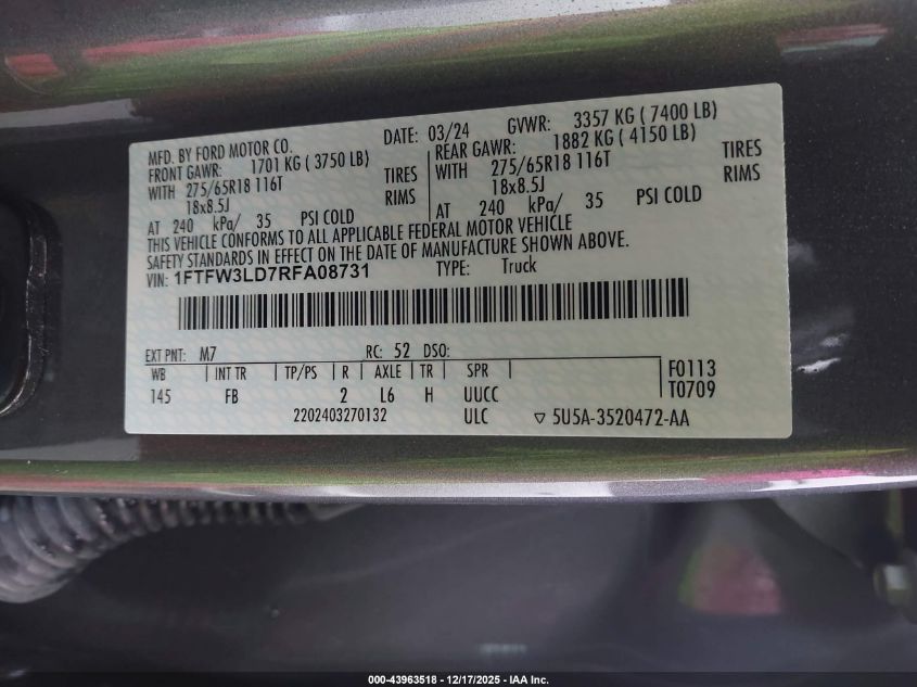 2024 Ford F-150 Xlt VIN: 1FTFW3LD7RFA08731 Lot: 43963518