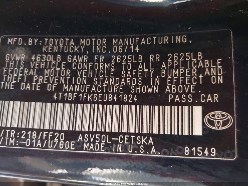 2014 Toyota Camry Se VIN: 4T1BF1FK6EU841824 Lot: 43963519