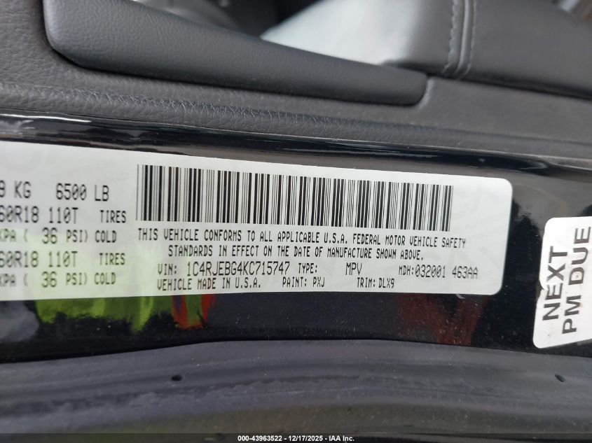 2019 Jeep Grand Cherokee Limited 4X2 VIN: 1C4RJEBG4KC715747 Lot: 43963522