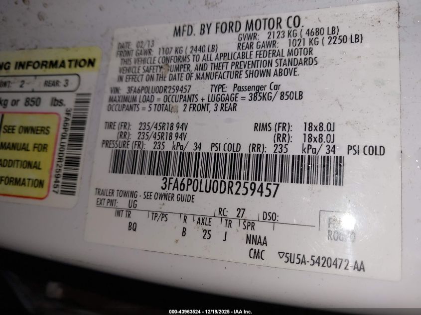 2013 Ford Fusion Hybrid Se VIN: 3FA6P0LU0DR259457 Lot: 43963524