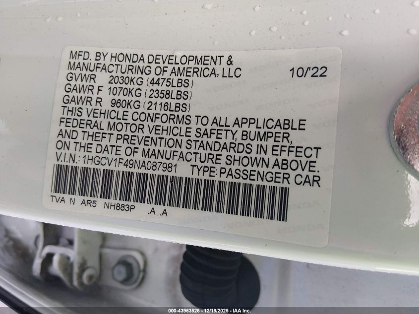 2022 Honda Accord Sport Se VIN: 1HGCV1F49NA087981 Lot: 43963526