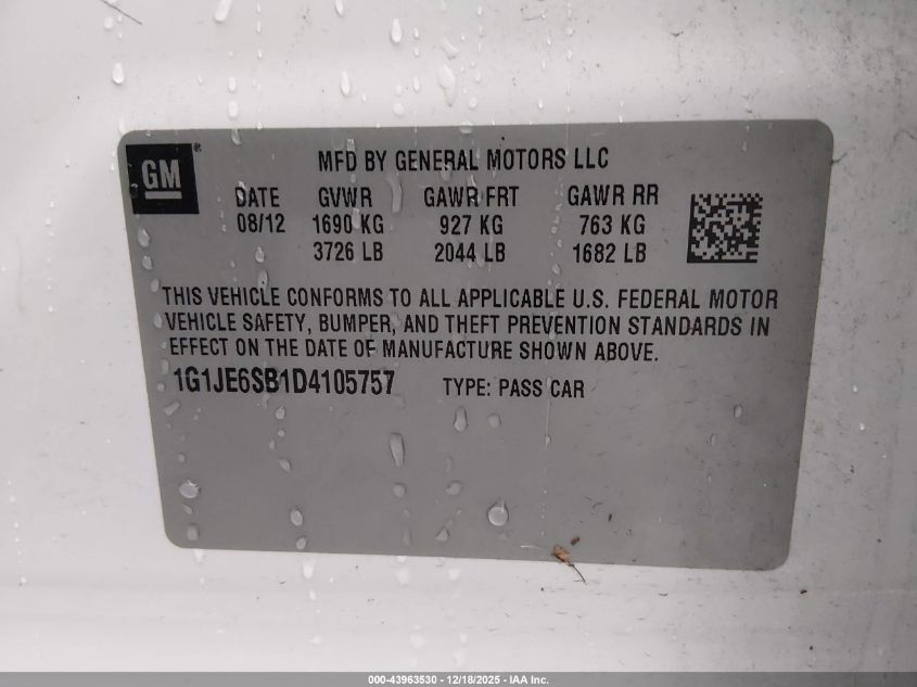 2013 Chevrolet Sonic Ltz Auto VIN: 1G1JE6SB1D4105757 Lot: 43963530