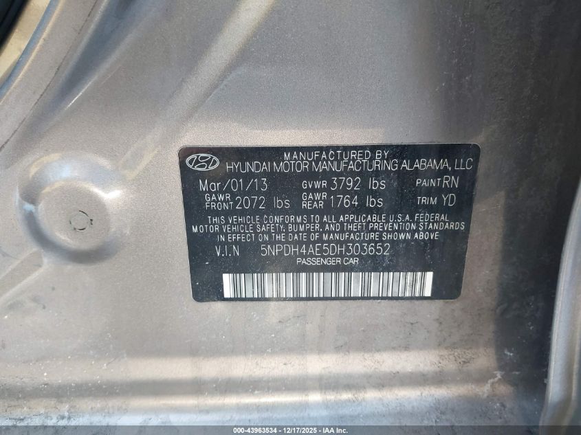 2013 Hyundai Elantra Gls VIN: 5NPDH4AE5DH303652 Lot: 43963534