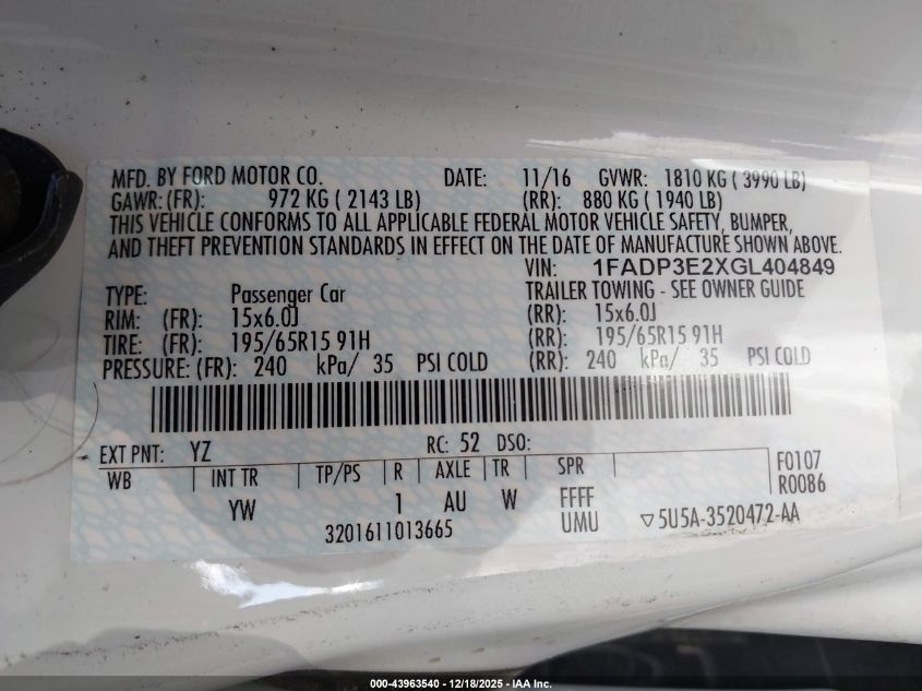 2016 Ford Focus S VIN: 1FADP3E2XGL404849 Lot: 43963540